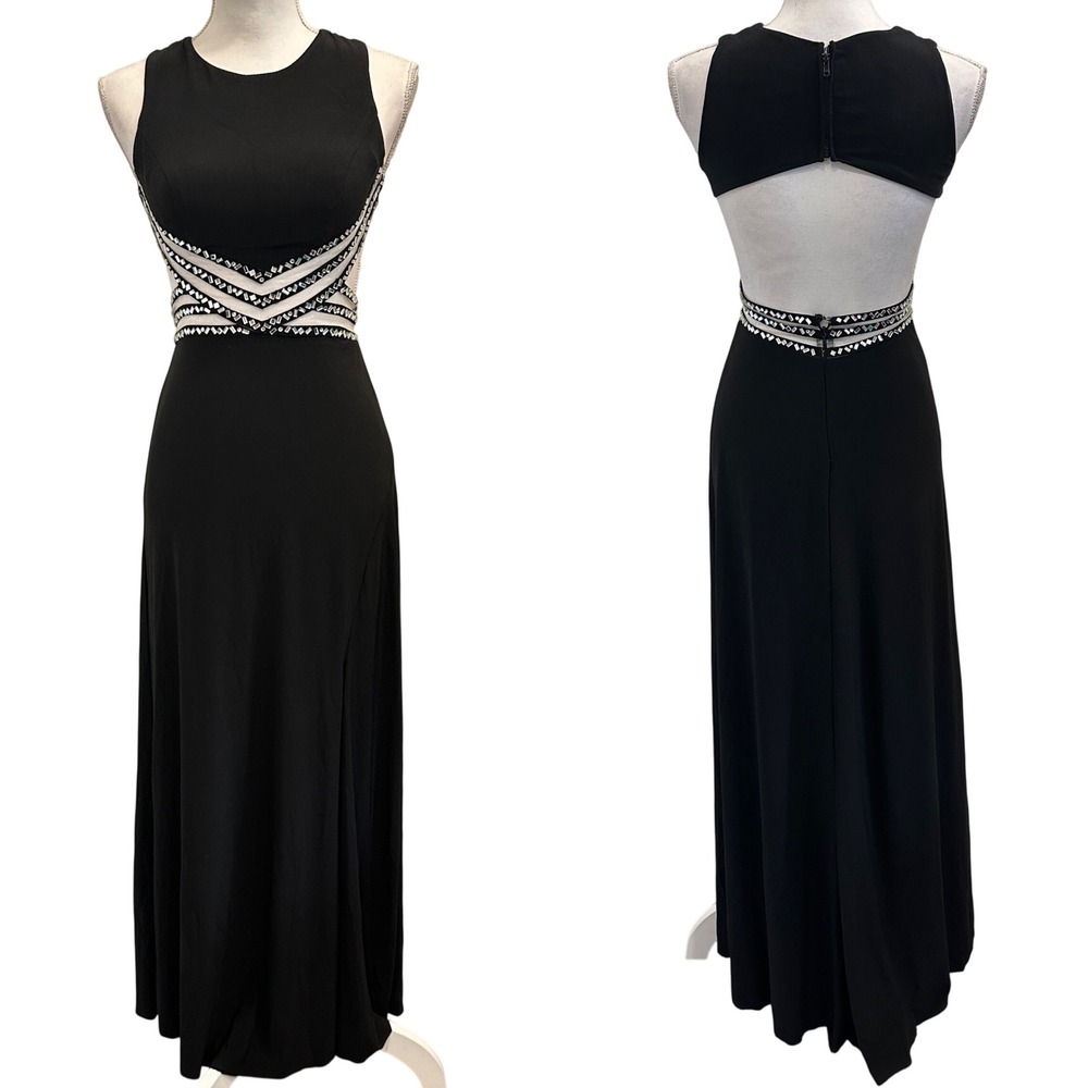 VTG Y2K Blondie Nites Stacy Sklar Black Cutout Rhinestone Embellished Prom Dress